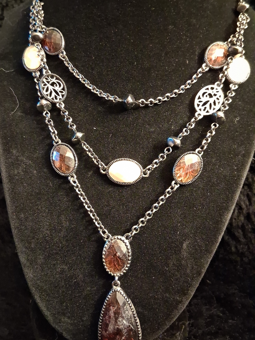 Silver-Tone Layered Necklace with Brown Gemstone Accents